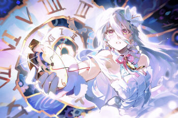 1girl absurdres analog_clock bare_shoulders blush broken clock clock_hands commentary_request crying crying_with_eyes_open czorimu double-parted_bangs dress earrings floating_hair flower frown gears glint gloves hair_between_eyes hair_flower hair_ornament highres holding holding_pocket_watch jewelry long_hair looking_at_viewer looking_to_the_side multicolored_eyes neck_ribbon open_mouth original outstretched_arm pink_eyes pink_ribbon pocket_watch raised_inner_eyebrows ribbon sleeveless sleeveless_dress solo tears turning_head upper_body very_long_hair watch white_dress white_flower white_gloves white_hair yellow_eyes