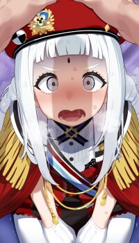 1boy 1girl absurdres beret blush commentary_request echika_y._franburnett epaulettes gloves grey_eyes hands_on_another&#039;s_head hat highres imminent_fellatio imminent_irrumatio long_hair mizumizuni open_mouth pov red_hat solo_focus super_robot_wars super_robot_wars_y sweat teeth white_gloves white_hair