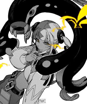 1girl absurdres bandeau breasts canari_(pokemon) closed_mouth criss-cross_straps eel eelektross eye_trail fangs fish gen_5_pokemon highres jacket lamprey light_trail long_sleeves looking_at_viewer mask mask_pull midriff monochrome mouth_mask multicolored_hair navel nintendo open_mouth pants pikat pokemon pokemon_(creature) pokemon_legends:_z-a short_twintails smile split-color_hair sports_bra spot_color twintails two-tone_hair two-tone_mask