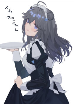 Rule 34 | 1girl, ahoge, alternate costume, black hair, blue eyes, blush, clothes lift, double bun, dress, dress lift, enmaided, hair bun, izumo kasumi (nijisanji), lifting own clothes, long hair, maid, maid headdress, mole, mole under mouth, nijisanji, piaisai, plate, simple background, smile, solo, virtual youtuber, white background