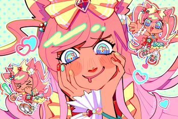 &gt;_&lt; 1girl agnes_digital_(full-color_fangirling)_(umamusume) agnes_digital_(umamusume) animal_ears asymmetrical_legwear belt blue_eyes blush blush_stickers bow closed_eyes closed_mouth drooling glowstick hair_bow hands_on_own_face heart highres holding holding_glowstick horse_ears horse_girl horse_tail koutone9 long_hair looking_at_viewer mouth_drool multicolored_nails multicolored_skirt open_mouth pink_hair red_belt shirt single_thighhigh single_wrist_cuff skirt sleeveless smile tail thighhighs two_side_up umamusume uneven_legwear white_thighhighs wrist_cuffs yellow_bow