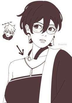 1boy 1girl alternate_breast_size_(larger) blush boruto:_two_blue_vortex breasts chibi chibi_inset choker commentary corrupted_twitter_file drawink earrings english_commentary glasses greyscale highres jewelry large_breasts monochrome naruto_(series) necklace off_shoulder scar scar_across_eye scar_on_face short_hair strapless tube_top uchiha_sarada undone_choker uzumaki_boruto