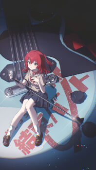 1girl absurdres bocchi_the_rock! bow bowtie brown_sailor_collar brown_shirt brown_shoes chinese_commentary chiyo_akira commentary_request grey_skirt guitar highres instrument kita_ikuyo loafers long_hair microphone one_side_up open_mouth oversized_object pleated_skirt red_bow red_bowtie red_hair sailor_collar school_uniform serafuku shirt shoes short_hair sitting skirt socks solo white_socks yellow_eyes