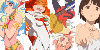 Rule 34 | + +, 4girls, aonori misuji, armlet, bass guitar, belt, black pantyhose, blonde hair, blue hair, bodysuit, bracelet, breasts, brown eyes, brown hair, camisole, collarbone, commentary request, cross-shaped pupils, crossover, dress, flcl, gem, gloves, goggles, goggles on head, gold belt, green eyes, hair ornament, hand on own hip, hand up, haruhara haruko, holding, holding instrument, instrument, iwakura lain, jewelry, long hair, looking at viewer, multicolored hair, multiple girls, necktie, nia teppelin, nono (top wo nerae 2!), open mouth, orange hair, outstretched arm, pantyhose, parted lips, pink dress, pink hair, red gloves, red vest, scarf, serial experiments lain, sleeveless, sleeveless dress, small breasts, smile, spaghetti strap, sunglasses, symbol-shaped pupils, teeth, tengen toppa gurren lagann, tinted eyewear, top wo nerae! (series), top wo nerae 2!, two-tone hair, upside-down, vest, white bodysuit, white camisole, white scarf, yellow eyes, yellow gloves