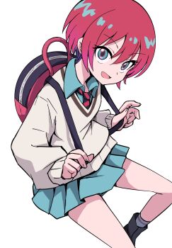 Rule 34 | 1girl, :d, amate yuzuriha, ankle boots, aqua shirt, aqua skirt, backpack, bag, black boots, boots, collared shirt, commentary, foot out of frame, grey socks, gundam, gundam gquuuuuux, hair between eyes, hands up, highres, holding strap, long sleeves, looking at viewer, miniskirt, necktie, open mouth, pleated skirt, red bag, red hair, red necktie, school uniform, shirt, short hair, simple background, skirt, smile, socks, solo, standing, striped clothes, striped necktie, sweater, uraki, white background, white sweater, wing collar