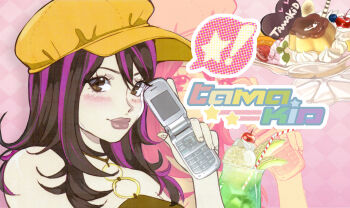 ! 1girl artist_self-insert brown_hair cellphone character_name commentary english_commentary english_text flip_phone food hat heisei_retro highres holding holding_phone ice_cream ice_cream_float lips long_hair melon_soda multicolored_hair original phone pink_hair pudding pudding_a_la_mode solo star_(symbol) streaked_hair tamakid tamakid_(character) yellow_hat