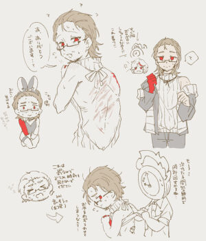 Rule 34 | > <, 1boy, 1girl, 1other, ?, absurdres, alternate costume, anger vein, animal ears, applying bandages, arrow (symbol), back, backless outfit, backless sweater, bags under eyes, bandages, bare back, bare shoulders, beard stubble, black-framed eyewear, black-framed glasses, black coat, black leotard, black strap, black suit, blush, bow, brown hair, bruise, bruise on back, chibi, chibi inset, clock, coat, collared shirt, colored extremities, colored skin, cowboy shot, cropped legs, crossdressing, dante (limbus company), detached collar, embarrassed, facial hair, fake animal ears, fire, forehead, formal clothes, from behind, from side, full body, glasses, gregor (project moon), hair slicked back, halterneck, hands up, high collar, highres, holding, holding bandages, injury, la manchaland (identity) (project moon), leotard, lily26983455, limbus company, limited palette, long sleeves, looking ahead, looking at another, looking at viewer, looking back, looking down, male focus, male playboy bunny, multicolored hair, multiple views, necktie, nervous, nervous smile, nervous sweating, object head, off-shoulder coat, off shoulder, official alternate costume, open clothes, open mouth, outis (project moon), own hands clasped, own hands together, pants, partially colored, photoshop (medium), pinstripe pattern, project moon, puff of air, rabbit ears, red eyes, red hands, red skin, ribbed shirt, ribbed sweater, ribbon, scar, scarf, semi-rimless eyewear, shirt, short hair, simple background, sketch, sleeveless, sleeveless turtleneck, sleeves rolled up, smile, spoken question mark, spot color, stole, streaked hair, striped clothes, striped scarf, stubble, suit, sweat, sweatdrop, sweater, tearing up, thigh strap, turtleneck, turtleneck sweater, under-rim eyewear, upper body, v arms, virgin killer sweater, whip marks, white scarf, white shirt, white stole, wrist cuffs