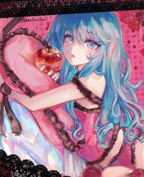 1girl akari_(akariimia) apple aqua_eyes aqua_hair bare_shoulders black_lace_trim blue_eyes blue_hair camisole commentary_request dutch_angle eyelashes eyeshadow flower food frilled_camisole frills fruit hatsune_miku highres holding holding_food holding_fruit lace-trimmed_camisole lace_trim long_hair looking_at_viewer lying makeup midriff on_side on_stomach open_mouth pink_camisole pink_eyeshadow pink_pillow polka_dot polka_dot_camisole red_flower red_rose romeo_to_cinderella_(vocaloid) rose solo strap_slip underwear wavy_hair