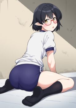ass ayane_(blue_archive) black_hair black_socks blue_archive blue_buruma buruma commentary_request dead_people from_behind glasses gym_shirt gym_uniform halo highres kneehighs light_blush looking_at_viewer looking_back open_mouth pointy_ears red-framed_eyewear semi-rimless_eyewear shirt short_hair short_sleeves sitting socks under-rim_eyewear wariza white_shirt yellow_eyes