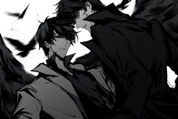 2boys artist_request black_coat black_eyes black_hair black_shirt black_wings coat commission feathered_wings grey_coat greyscale hashtag-only_commentary highres kim_dokja looking_at_another looking_at_viewer male_focus monochrome multiple_boys omniscient_reader&#039;s_viewpoint open_clothes open_coat popped_collar second-party_source shirt short_hair simple_bird smirk upper_body wings yoo_joonghyuk