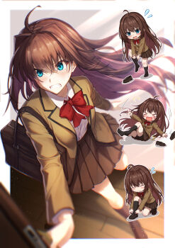 >_< 1girl absurdres adjusting_clothes adjusting_shoe adjusting_sock ahoge aozaki_aoko aqua_eyes bag bike_shorts border brown_bag brown_hair brown_jacket brown_shoes brown_skirt brown_socks chibi clenched_teeth collared_shirt commentary_request dressing fallen_down flying_sweatdrops hair_intakes highres jacket lapels loafers long_hair mahou_tsukai_no_yoru multiple_views necktie notched_lapels open_clothes open_jacket outline outside_border private_misaki_high_school_uniform red_necktie school_bag school_uniform shirt shirt_tucked_in shoes shorts shorts_under_skirt shoulder_bag skirt socks teeth toomishou v-shaped_eyebrows very_long_hair white_border white_outline white_shirt wooden_floor
