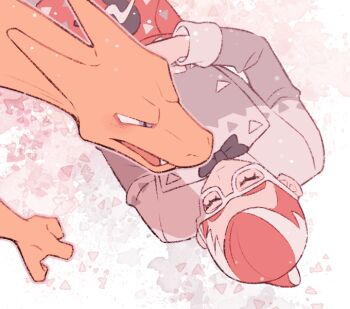 1boy apron black_bow black_bowtie blue_eyes bow bowtie charizard closed_eyes coat colored_skin commentary_request eyelashes gen_1_pokemon glasses grey_coat grisham_(pokemon) horns male_focus minashirazu multicolored_hair nintendo open_mouth orange_skin pokemon pokemon_(creature) pokemon_legends:_z-a red_apron red_hair sleeve_cuffs solo streaked_hair white-framed_eyewear white_hair