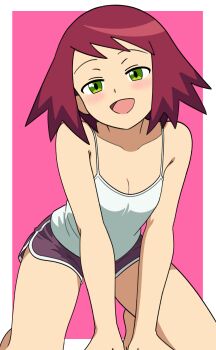 1girl absurdres arm_support blush border breasts camisole cleavage collarbone commentary dolphin_shorts english_commentary green_eyes highres kneeling looking_at_viewer medium_hair mega_man_(series) mega_man_star_force_(series) nipehi open_mouth pink_background purple_shorts red_hair shorts small_breasts solo sonia_strumm_(mega_man) thighs white_border white_camisole