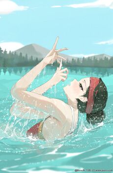 1girl ai-bon alternate_costume alternate_hairstyle arms_up bad_tag cloud dancing fire_emblem fire_emblem_heroes green_eyes green_hair hair_bun headband highres lake looking_up mountain mountainous_horizon nature nintendo one-piece_swimsuit outdoors partially_submerged red_headband red_one-piece_swimsuit reflection ripples sky solo splashing sue_(fire_emblem) swimming swimsuit synchronized_swimming tree wet