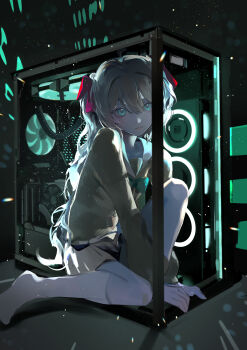 1girl absurdres backlighting blue_eyes bow bowtie brown_hair closed_mouth collared_shirt computer computer_tower from_side full_body game_console green_bow green_bowtie hair_between_eyes hair_ribbon highres indie_virtual_youtuber long_hair long_sleeves looking_at_viewer neuro-sama pc_engine pleated_skirt ribbon school_uniform serafuku shirt sitting skirt socks solo sorenftt virtual_youtuber white_socks yellow_serafuku
