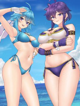 2girls absurdres ahoge arm_up armlet armor armpits beach bikini bikini_armor blue_bikini blue_hair breasts cleavage commission commissioner_upload crossed_arms day earrings fingerless_gloves fire_emblem fire_emblem:_genealogy_of_the_holy_war flower flower_on_head gloves headband highleg highleg_bikini highres if_they_mated jewelry larcei_(fire_emblem) looking_at_viewer mother_and_daughter multiple_girls navel nintendo ocean original purple_eyes purple_hair redkite333 selia_(mrtalkingdino) short_hair side-tie_bikini_bottom sidelocks smile stomach swimsuit thighs tomboy white_headband