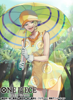 1girl aqua_eyes commentary_request copyright_name cowboy_shot dress earrings food-themed_earrings food_print food_themed_earrings fruit_print gloves hat holding holding_umbrella jewelry kicori lemon_earrings lemon_print lens_flare looking_at_viewer miss_valentine official_art one_piece one_piece_card_game open_mouth outdoors sleeveless sleeveless_dress solo teeth umbrella upper_teeth_only white_gloves yellow_dress yellow_hat
