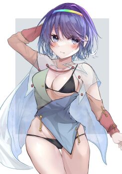 1girl arm_behind_head arm_up bikini black_bikini blush border breasts cape closed_mouth cowboy_shot grey_background hairband hegata_(hegatia_lapis) highres looking_at_viewer medium_breasts multicolored_clothes multicolored_hairband patchwork_clothes purple_eyes purple_hair short_hair simple_background solo standing swimsuit tenkyuu_chimata touhou white_border white_cape