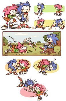 !? 1boy 1girl amy_rose bow bowtie brown_skirt cup flying_sweatdrops furry furry_female furry_male gloves heart highres holding holding_cup holding_hands looking_at_another multiple_views on_tree_stump red_bow red_bowtie signature skirt smile sonic_(series) sonic_cd sonic_the_hedgehog sonic_the_hedgehog_(classic) teapot tree tripping white_gloves z-t00n