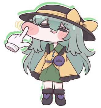 Rule 34 | 1girl, 1other, black boots, black eyes, black hat, boots, bow, buttons, cheek pull, diamond button, eyeball, frilled shirt collar, frilled sleeves, frills, green hair, green skirt, hands on another's face, hat, hat bow, hat ribbon, heart, highres, komeiji koishi, parody, ribbon, shirt, skirt, sleeves past wrists, style parody, third eye, touhou, trickcal, wide sleeves, yellow bow, yellow ribbon, yellow shirt, zunusama
