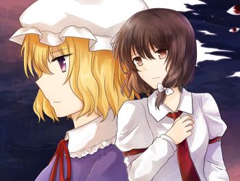 2girls arm_garter blonde_hair bow bowtie breasts brown_eyes brown_hair cloud collar disembodied_eye dress hair_between_eyes hand_on_own_chest hat koto_(shiberia39) long_sleeves maribel_hearn mob_cap multiple_girls necktie night no_headwear purple_dress purple_eyes rain red_ribbon ribbon sad shirt short_hair sky star_(sky) touhou usami_renko white_bow white_collar white_hat white_shirt