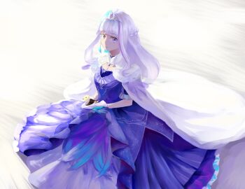 1girl animal bird blue_dress blunt_bangs braid breasts cloak closed_mouth clothed_animal commentary_request dress earrings feather_earrings feathers full_body fur-trimmed_cloak fur_trim gloves half_up_braid holding holding_animal holding_bird jewelry lize_helesta lize_helesta_(3rd_costume) long_dress long_hair long_sidelocks looking_at_viewer monocle multicolored_hair nijisanji own_hands_together partial_commentary princess purple_eyes purple_hair sebastian_piyodore short_sleeves sidelocks silver_tiara single_earring sitting small_breasts smile solo_focus streaked_hair two-tone_hair virtual_youtuber white_background white_cloak white_gloves white_hair zxjv