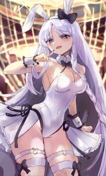 Rule 34 | 1girl, absurdres, animal ears, bare shoulders, black bow, black eyes, blush, bow, bowtie, braid, breasts, cleavage, colored inner hair, commentary request, detached collar, fake animal ears, fate/strange fake, fate (series), fishnet thighhighs, fishnets, francesca prelati (fate), grey hair, hair bow, highleg, highleg leotard, highres, klash, leotard, long hair, looking at viewer, medium breasts, multicolored hair, open mouth, parted bangs, playboy bunny, rabbit ears, ringed eyes, showgirl skirt, sidelocks, skirt, skull print, smile, solo, thighhighs, thighs, very long hair, white hair, white leotard, white skirt, wrist cuffs
