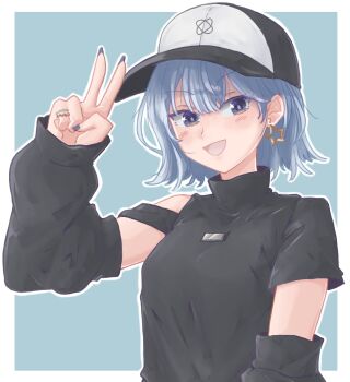 asymmetrical_sidelocks beret blue_eyes blue_hair blue_nails commentary double-parted_bangs earrings hat highres hololive hoshimachi_suisei hoshimachi_suisei_(11th_costume) jacket jewelry leg_warmers multicolored_jacket official_alternate_hairstyle orakuru_(oracle_art) ribbed_collar sidelocks star_(symbol) star_earrings star_in_eye symbol-only_commentary symbol_in_eye two-tone_hat two-tone_jacket virtual_youtuber white_leg_warmers