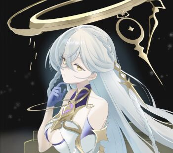 1girl bare_shoulders braid breasts bright_pupils cleavage colored_extremities commentary_request dark_background dress genshin_impact hair_ornament halo hand_up highres istaroth_(genshin_impact) long_hair looking_at_viewer medium_breasts nias11026 parted_lips purple_hands solo upper_body white_dress white_hair white_pupils yellow_eyes