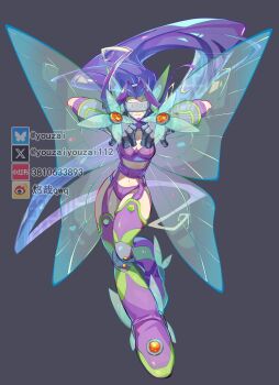 Rule 34 | 1girl, breasts, covered eyes, digimon, digimon (creature), digimon frontier, facial mark, fairimon, fairy wings, full body, grey background, head-mounted display, head wings, highres, long hair, medium breasts, multiple wings, purple hair, simple background, solo, transparent wings, very long hair, wings, youzaiyouzai112