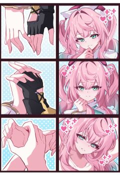 1boy 1girl aqua_hair black_gloves caelus_(honkai:_star_rail) commentary_request eugeo_032 fingerless_gloves gloves grabbing_own_hair gradient_hair green_eyes hair_intakes hair_undone hat heart heart-shaped_pupils highres holding holding_hands holding_own_hair honkai:_star_rail honkai_(series) hyacine_(honkai:_star_rail) interlocked_fingers long_hair multicolored_hair pink_hair pink_hat plus_sign symbol-shaped_pupils trailblazer_(honkai:_star_rail) twintails two-tone_hair