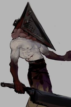 1boy bleeding blood commentary cuts english_commentary great_knife grey_background highres injury male_focus nipples object_head pyramid_head rouwan silent_hill_(series) simple_background skirt solo toned toned_male