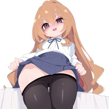 1girl aisaka_taiga arms_at_sides bed black_pantyhose black_ribbon blue_skirt brown_eyes brown_hair clothes_lift clothes_pull dot_nose embarrassed empty_eyes eyelashes feet_out_of_frame female_focus flat_chest from_below kukuchi581 kyojiri_loli lifting_own_clothes loli long_sleeves looking_at_viewer looking_down matching_hair/eyes neck_ribbon nervous nervous_smile nervous_sweating open_mouth panties panty_pull pantyhose plaid_clothes plaid_skirt ribbon school_uniform shirt simple_background skirt skirt_lift smile solo standing sweat toradora! underwear white_background white_shirt wide_hips