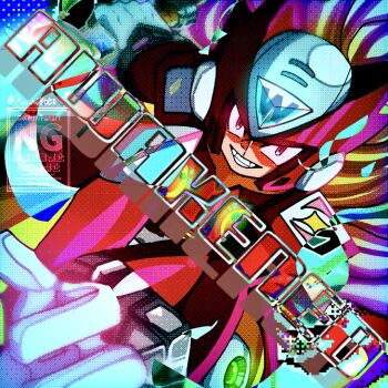 1boy armor blonde_hair chest_jewel energy_sword forehead_jewel helmet highres holding holding_sword holding_weapon long_hair male_focus mega_man_(series) mega_man_x_(series) ne_light0 parted_lips red_armor red_eyes red_helmet smirk solo sword weapon z_saber zero_(mega_man)