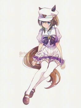 1girl animal_ears arai_cherry blue_eyes blush breasts brown_hair cheval_grand_(umamusume) ear_covers ears_through_headwear hair_between_eyes hat hat_belt highres horse_ears horse_girl horse_tail multicolored_hair peaked_cap purple_serafuku school_uniform serafuku simple_background solo streaked_hair tail umamusume white_background white_hair white_hat