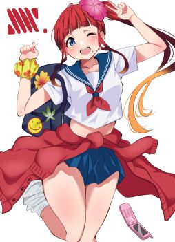 1girl asukagawa_chise bag blue_eyes blue_sailor_collar blue_skirt blush breasts cellphone clothes_around_waist flower freedom_xdrive gridman_universe gridman_universe_(movie) hair_flower hair_ornament highres jacket jacket_around_waist long_hair looking_at_viewer midriff mole mole_under_mouth multicolored_hair neckerchief one_eye_closed open_mouth phone pleated_skirt ponytail red_hair sailor_collar school_uniform serafuku shirt side_ponytail simple_background skirt smile solo