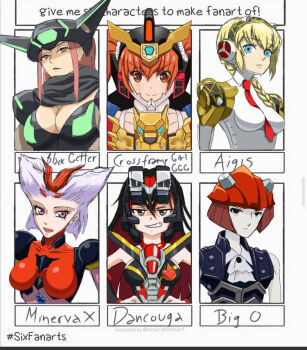 6+girls aigis_(persona) black_getter black_hair blonde_hair character_name choujuu_kishin_dancouga colored_skin crossover dancouga dancouga_(series) english_text frame_arms_girl gaogaigar getter_robo grey_skin long_hair mazinger_(series) mecha_musume minerva_x multiple_crossover multiple_drawing_challenge multiple_girls necktie orange_eyes orange_hair persona persona_3 r_dorothy_wayneright red_hair robot robot_girls_z shin_getter_robo shin_mazinger_zero short_hair six_fanarts_challenge the_big_o type_x white_hair yuusha_ou_gaogaigar yuusha_series