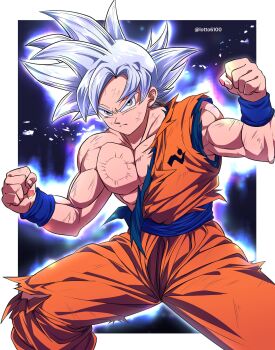 1boy aura black_background blue_sash blue_shirt blue_wrist_cuffs border commentary_request cowboy_shot dougi dragon_ball dragon_ball_super grey_eyes grey_hair highres lotto6100 male_focus muscular muscular_male orange_pants orange_shirt pants sash shirt solo son_goku torn_clothes torn_shirt ultra_instinct white_border wrist_cuffs