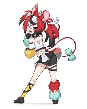 1girl animal_ears aqua_bow aqua_sleeves ass asymmetrical_sleeves bike_shorts black_gloves black_hair black_shorts blue_eyes bow collar dice_hair_ornament gloves hair_ornament hakos_baelz hakos_baelz_(1st_costume) highres hololive hololive_english long_hair mismatched_sleeves mouse_ears mouse_girl mouse_on_head mouse_tail mousetrap mr._squeaks_(hakos_baelz) multicolored_hair multicolored_skirt open_mouth red_hair sharp_teeth shorts simple_background single_leg_warmer skirt snowmya solo spiked_collar spikes standing streaked_hair tail tail_bow tail_ornament teeth twintails virtual_youtuber white_background white_hair yellow_sleeves
