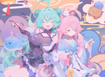 2girls ahoge blue_archive blue_eyes breasts chinese_commentary closed_eyes commentary green_hair halo heterochromia highres hoshino_(blue_archive) large_breasts long_hair multiple_girls pink_hair teoskyrios yellow_eyes yume_(blue_archive)