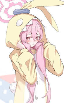 +_+ 1girl absurdres animal_ears blue_archive blush closed_mouth commentary dere_mono_j dice fake_animal_ears fake_tail hair_between_eyes halo highres hood hood_up hooded_pajamas koyuki_(blue_archive) koyuki_(pajamas)_(blue_archive) long_hair long_sleeves looking_at_viewer looking_to_the_side low_twintails pajamas pink_eyes pink_hair pink_halo pout rabbit_ears rabbit_pajamas rabbit_tail simple_background solo tail twintails upper_body white_background yellow_pajamas