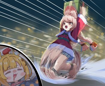 2girls absurdres alternate_costume animal_ear_fluff animal_ear_piercing animal_ears animal_feet anklet arms_up blurry blurry_background blush box braid braided_twintails bright_pupils colored_inner_hair commentary dress drooling english_commentary fur-trimmed_dress fur_trim furry furry_female gift gift_box head_on_pillow highres holding holding_gift jewelry ju_fufu junmin long_hair motion_blur motion_lines multicolored_hair multiple_girls open_mouth pillow pink_fur pink_hair rabbit_ears rabbit_girl red_dress red_eyes running santa_costume santa_dress short_eyebrows sleeping striped_fur striped_hair thick_eyebrows tiger_ears tiger_girl tiger_stripes under_covers white_pupils zenless_zone_zero zhao_(zenless_zone_zero)