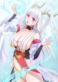 1girl :o azur_lane breasts cleavage commentary_request cowboy_shot hair_on_horn highres hydrokinesis large_breasts long_hair looking_at_viewer navel panties pink_eyes sai-go shimanto_(azur_lane) simple_background solo underwear very_long_hair water white_hair white_panties