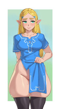 1girl absurdres blonde_hair female_focus highres hip_dips looking_at_viewer nintendo pale_skin princess_zelda riz simple_background skindentation solo solo_focus source_request the_legend_of_zelda the_legend_of_zelda:_breath_of_the_wild thick_thighs thighs wide_hips year_request zelda_(breath_of_the_wild)