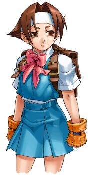 Rule 34 | 1girl, absurdres, arm warmers, backpack, bag, bow, bowtie, brown eyes, brown hair, clenched hands, closed mouth, cropped legs, edaki shin'ya, feet, fingerless gloves, game cg, gloves, headband, highres, justice gakuen, looking to the side, matching hair/eyes, moero! justice gakuen, non-web source, official art, pink bow, pink bowtie, school uniform, short hair, simple background, skirt, solo, standing, wakaba hinata, white background, white headband, yellow gloves