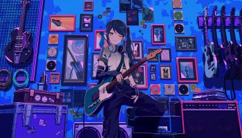 Rule 34 | 1girl, ;|, aqua eyes, arm warmers, bass guitar, black arm warmers, black gloves, black hair, black nails, black pants, black shoes, closed mouth, colorful palette, find the dream view (project sekai), fingerless gloves, fingernails, game cg, gloves, hatsune miku, headphones, headphones around neck, highres, hoshino ichika (project sekai), instrument, long hair, official alternate costume, official alternate hairstyle, official art, one eye closed, pants, poster (object), shirt, shoes, side ponytail, single arm warmer, single fingerless glove, solo, star (symbol), sticker, third-party source, vocaloid, white shirt