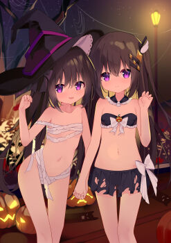 2girls a1352170118 absurdres bandages black_bow black_bra black_hair black_hat black_skirt bow bow_bra bow_skirt bra chinese_commentary choppy_bangs closed_mouth collar collarbone commentary condom detached_collar dot_nose feet_out_of_frame frilled_bra frilled_collar frills hair_bow halloween halloween_costume hand_up hat highres holding_hands jack-o&#039;-lantern lamppost loli long_hair looking_at_viewer microskirt multiple_girls naked_bandage navel night no_shirt original outdoors parted_lips pleated_skirt purple_eyes revealing_clothes siblings sisters skirt smile standing stomach straight_hair strapless strapless_bra torn_bandages torn_bow torn_clothes torn_skirt twins underwear used_condom white_bow witch_hat