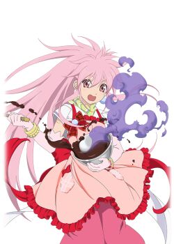Rule 34 | 1girl, apron, arche klein, arche klein (valentine), blush, bowl, bracelet, chocolate, colored smoke, cooking, d:, elbow gloves, food, frilled apron, frills, game cg, gloves, holding, holding bowl, jewelry, long hair, looking at viewer, official alternate costume, official art, open mouth, pants, pink apron, pink eyes, pink gloves, pink hair, pink pants, ponytail, red ribbon, ribbon, scarf, smoke, solo, tales of (series), tales of asteria, tales of phantasia, transparent background, wide ponytail
