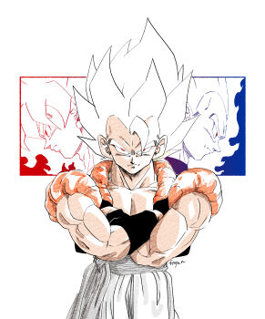 Rule 34 | 3boys, artist name, aura, black jacket, closed mouth, crossed arms, dragon ball, dragonball z, fenyon, gogeta, highres, jacket, looking at viewer, male focus, multiple boys, muscular, muscular male, open clothes, open jacket, pants, red eyes, sash, serious, short hair, son goku, spiked hair, super saiyan, super saiyan 1, toriyama akira (style), vegeta, white hair, white pants, white sash, wristband