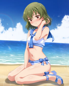 1girl bare_arms beach bikini blue_sailor_collar blue_sandals blush breasts commentary_request day full_body green_hair hand_up highres idolmaster idolmaster_million_live! idolmaster_million_live!_theater_days looking_at_viewer nagayoshi_subaru navel ocean official_alternate_costume on_ground outdoors red_eyes rocktaso_co_ltd sailor_bikini sailor_collar sailor_swimsuit_(idolmaster) sandals short_hair sitting solo swimsuit water white_bikini